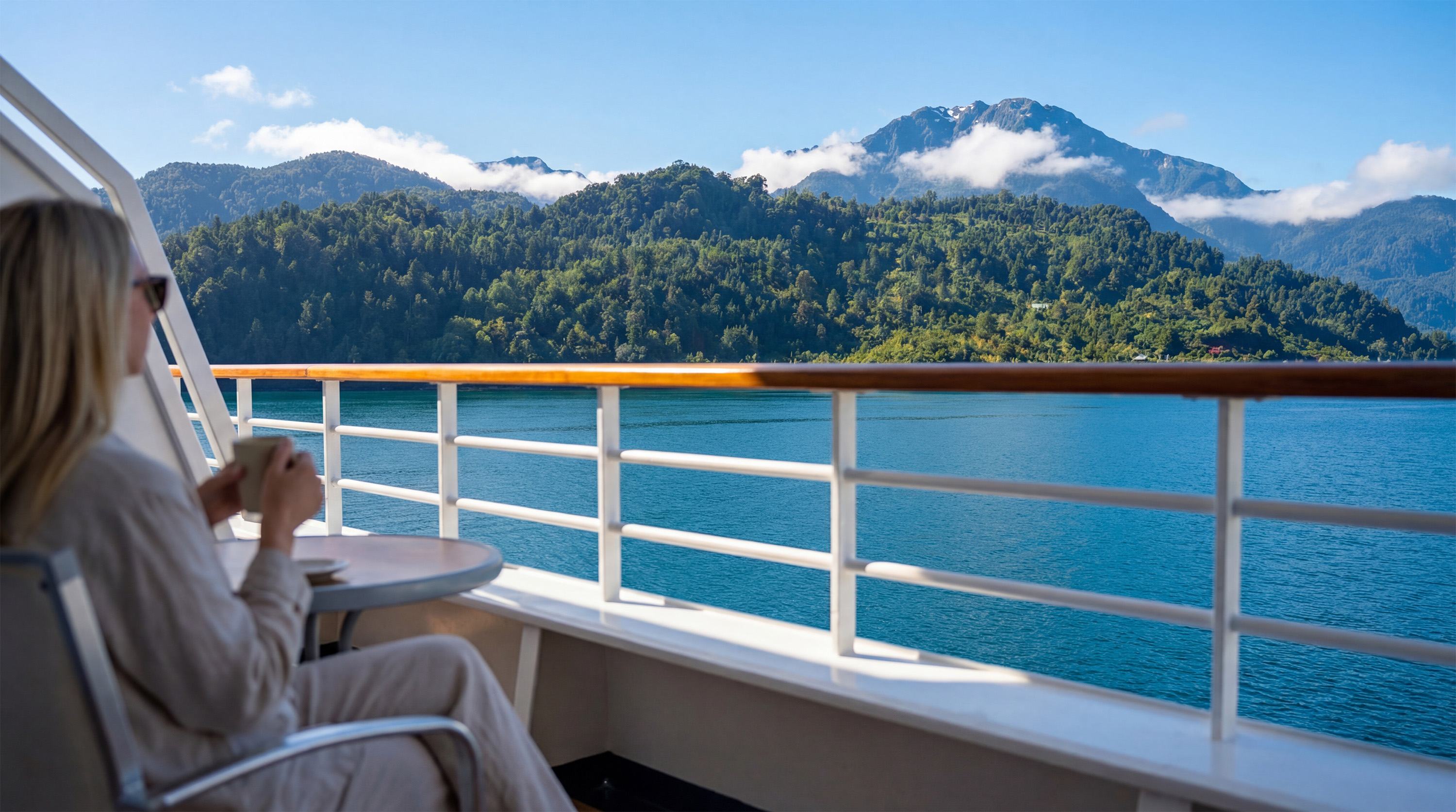 A resident with a coffee on her balcony, mountains across the water